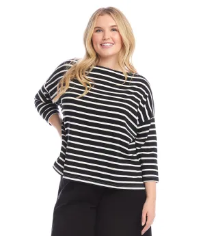 Plus Size Stripe 3/4 Sleeve Boatneck Top