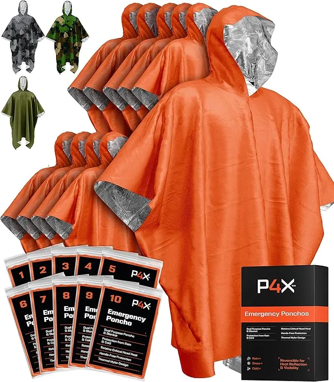 PREPARED4X Emergency Rain Poncho with Mylar Blanket Liner - Survival Blankets for Car - Heavy Duty, Waterproof Camping Gear