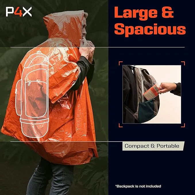 PREPARED4X Emergency Rain Poncho with Mylar Blanket Liner - Survival Blankets for Car - Heavy Duty, Waterproof Camping Gear