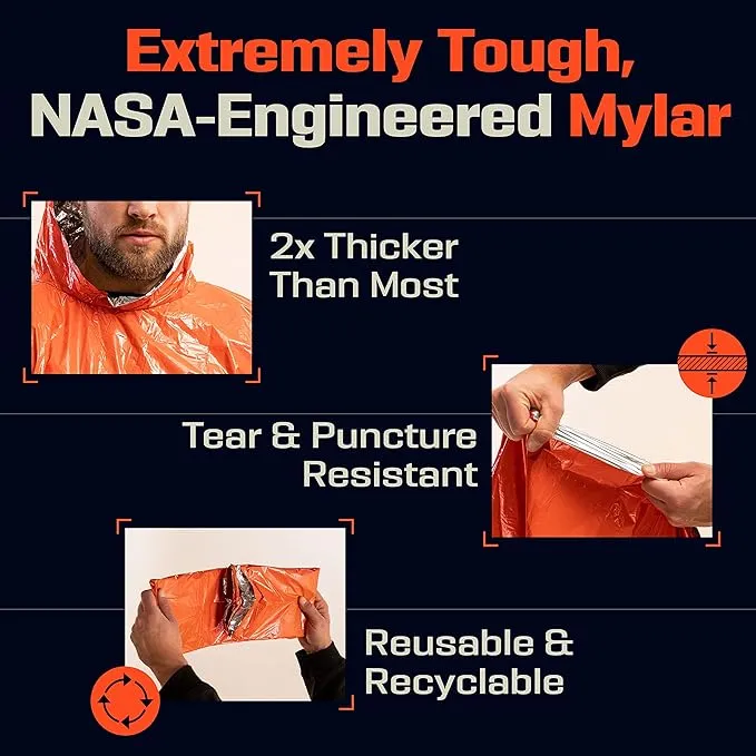 PREPARED4X Emergency Rain Poncho with Mylar Blanket Liner - Survival Blankets for Car - Heavy Duty, Waterproof Camping Gear