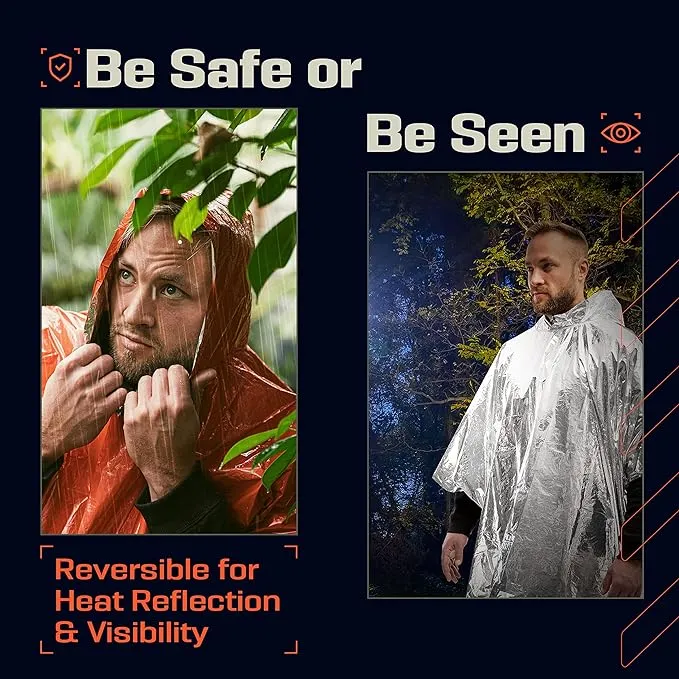 PREPARED4X Emergency Rain Poncho with Mylar Blanket Liner - Survival Blankets for Car - Heavy Duty, Waterproof Camping Gear