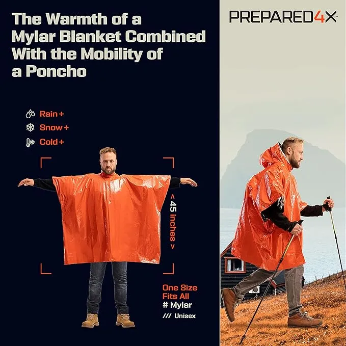 PREPARED4X Emergency Rain Poncho with Mylar Blanket Liner - Survival Blankets for Car - Heavy Duty, Waterproof Camping Gear