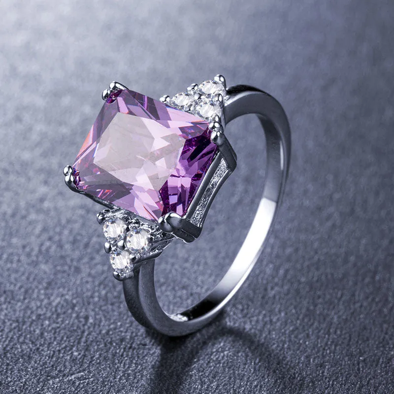 Purple Crystal & Cubic Zirconia Silver-Plated Princess-Cut Ring