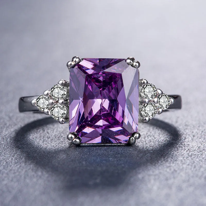 Purple Crystal & Cubic Zirconia Silver-Plated Princess-Cut Ring