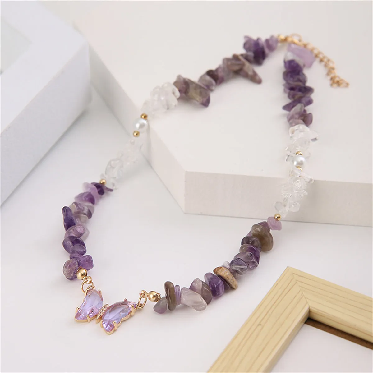 Purple Crystal & White Resin Butterfly Pendant Necklace