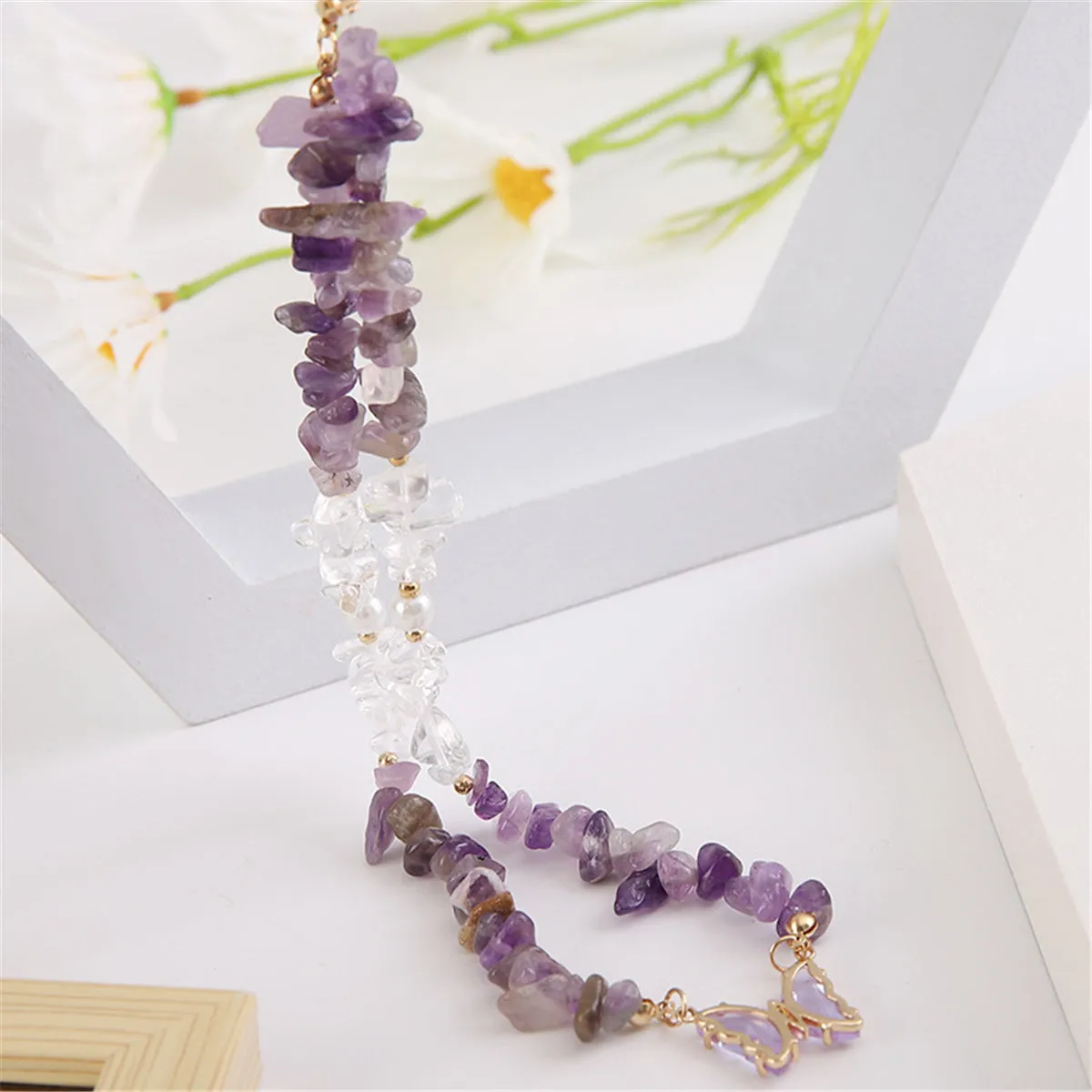 Purple Crystal & White Resin Butterfly Pendant Necklace
