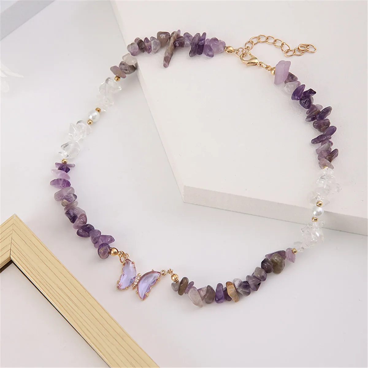 Purple Crystal & White Resin Butterfly Pendant Necklace