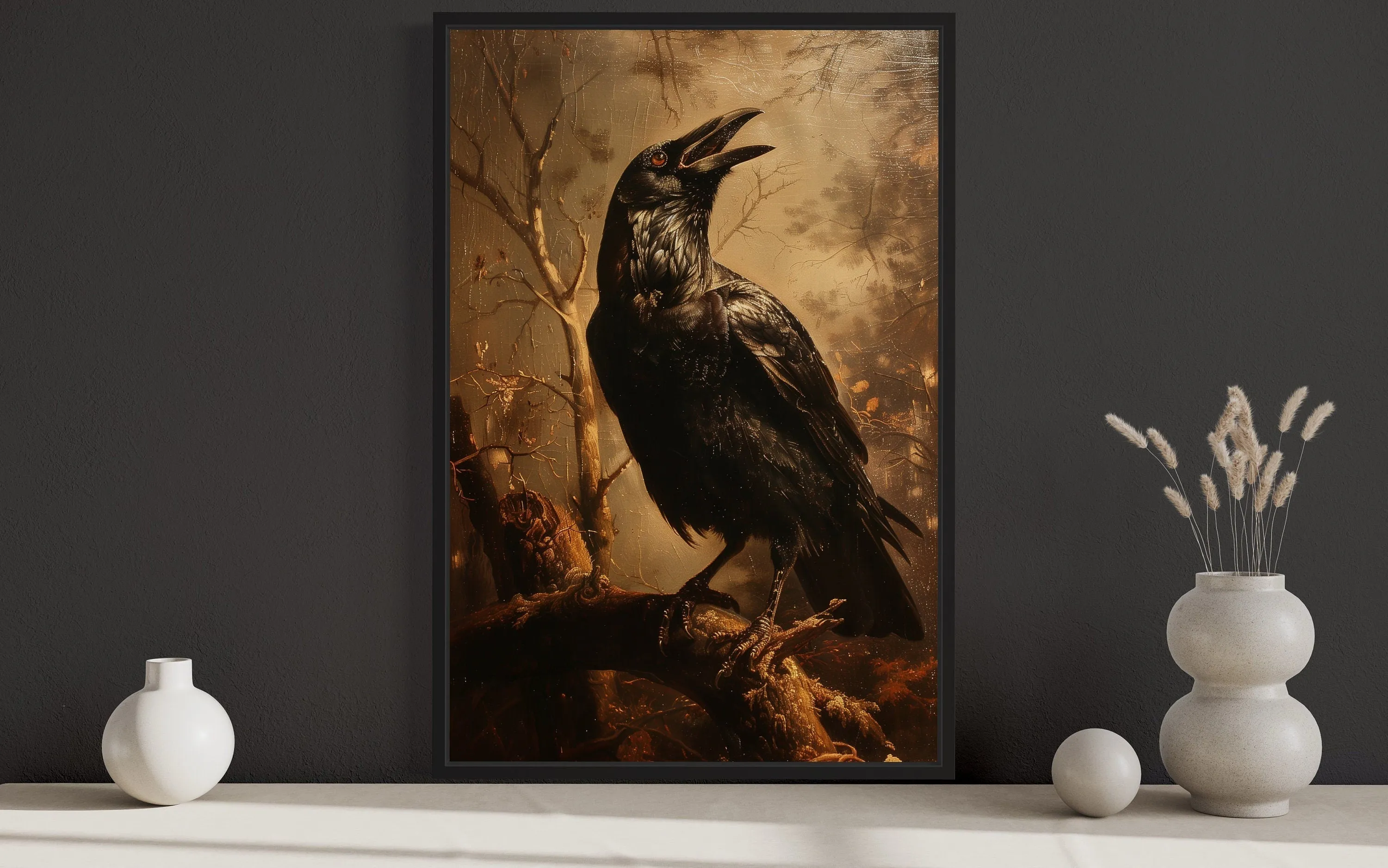 Raven On A Branch Vintage Gothic Halloween Wall Art