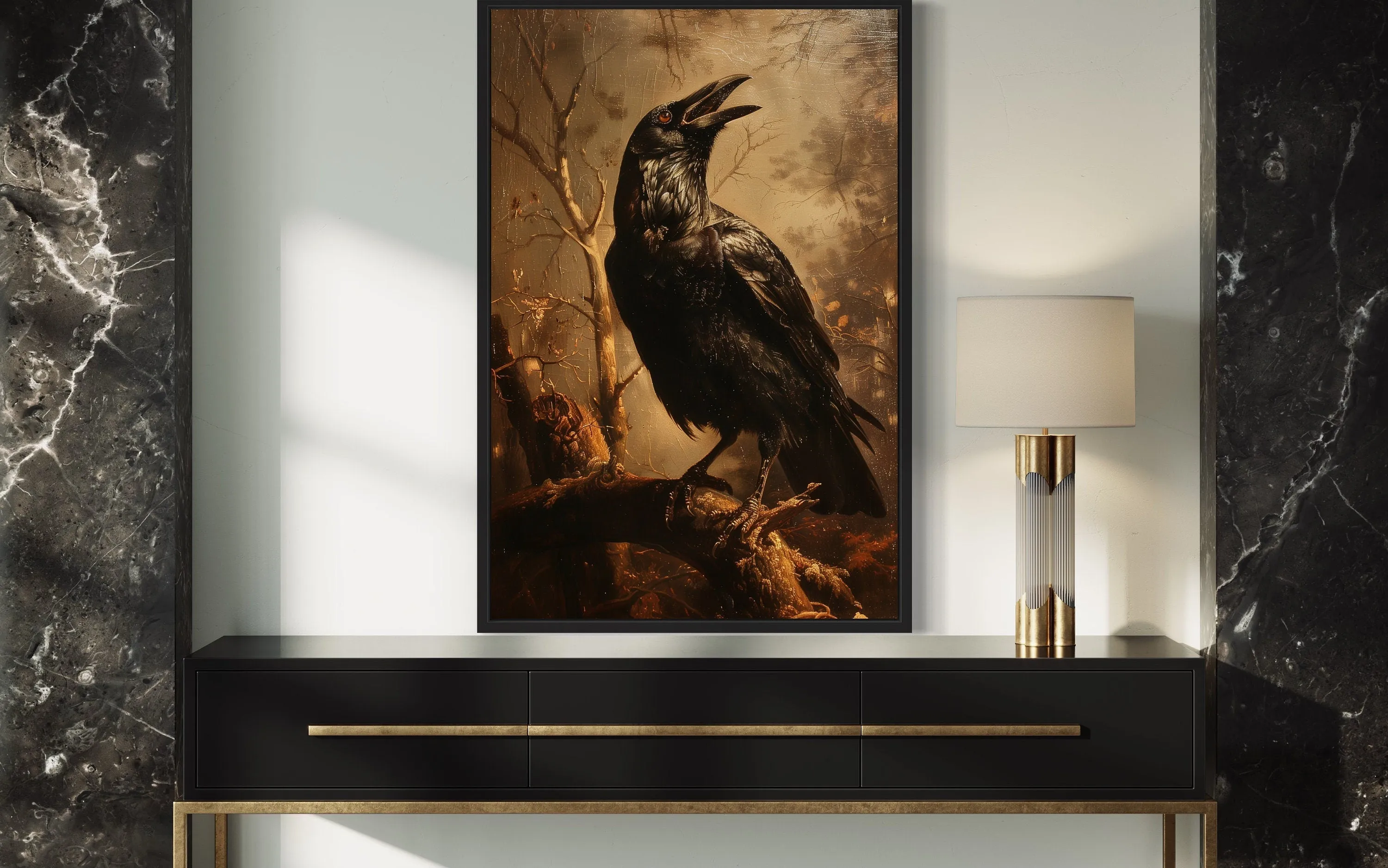Raven On A Branch Vintage Gothic Halloween Wall Art