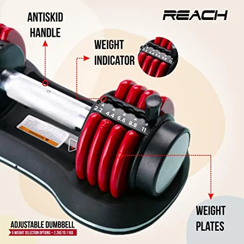 Reach Carbon Adjustable Dumbbells with Pin Lock Technology Space Saver (Single) (Carbon-11 (kgs) Red)