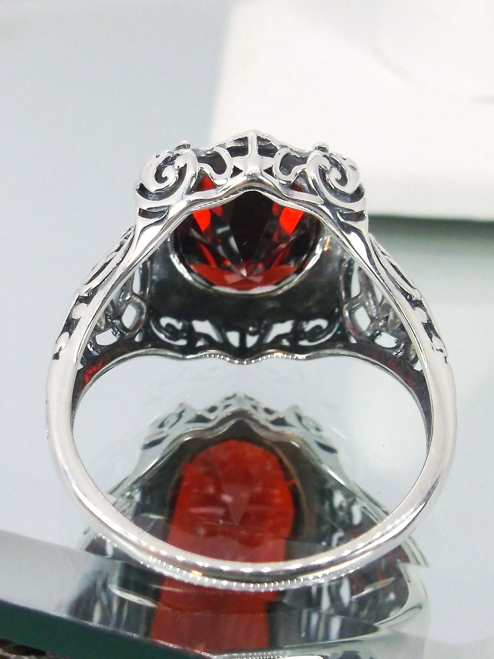 Red Garnet CZ Ring, Oval Art Nouveau Style, Vintage Sterling Silver Filigree Ring, Beauty Ring, D229