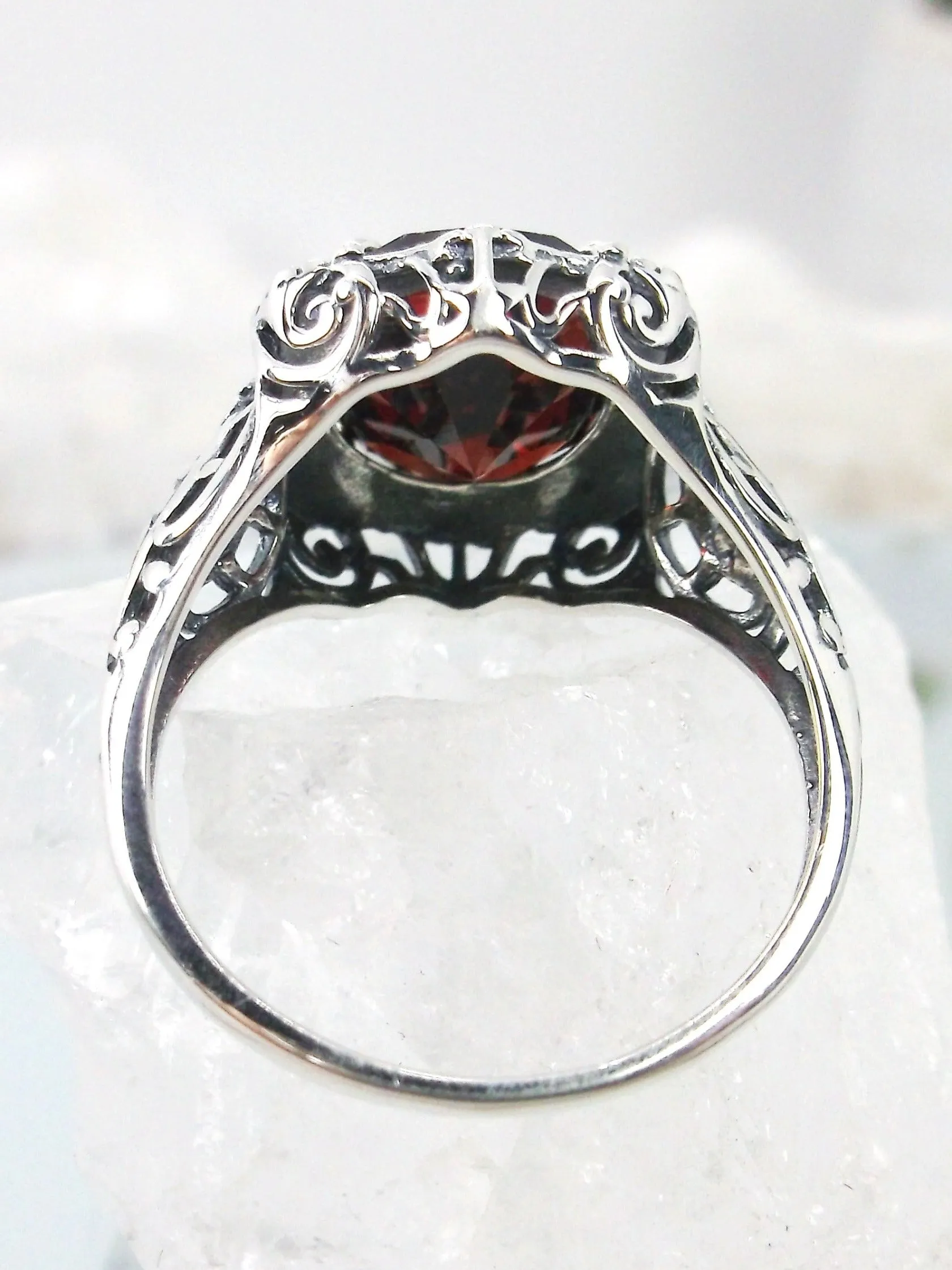 Red Garnet CZ Ring, Oval Art Nouveau Style, Vintage Sterling Silver Filigree Ring, Beauty Ring, D229