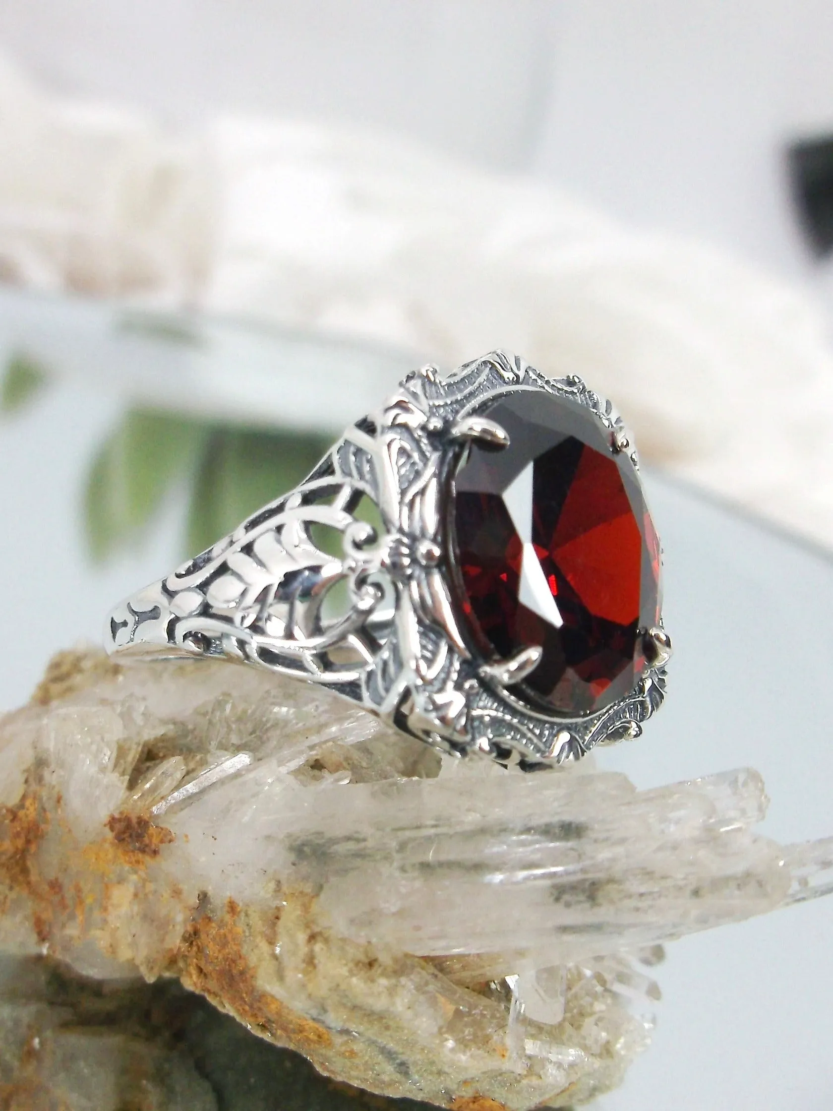 Red Garnet CZ Ring, Oval Art Nouveau Style, Vintage Sterling Silver Filigree Ring, Beauty Ring, D229