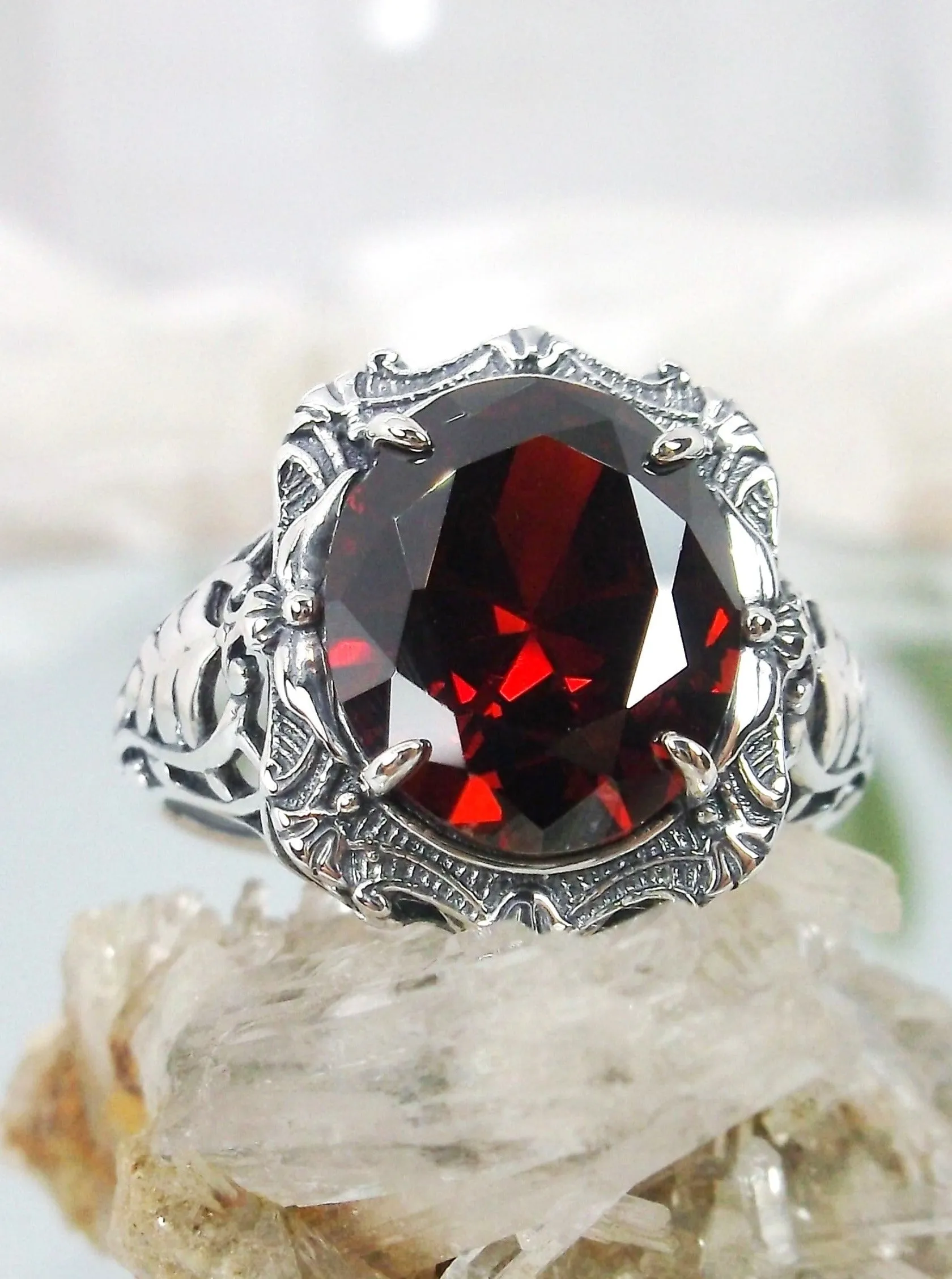 Red Garnet CZ Ring, Oval Art Nouveau Style, Vintage Sterling Silver Filigree Ring, Beauty Ring, D229