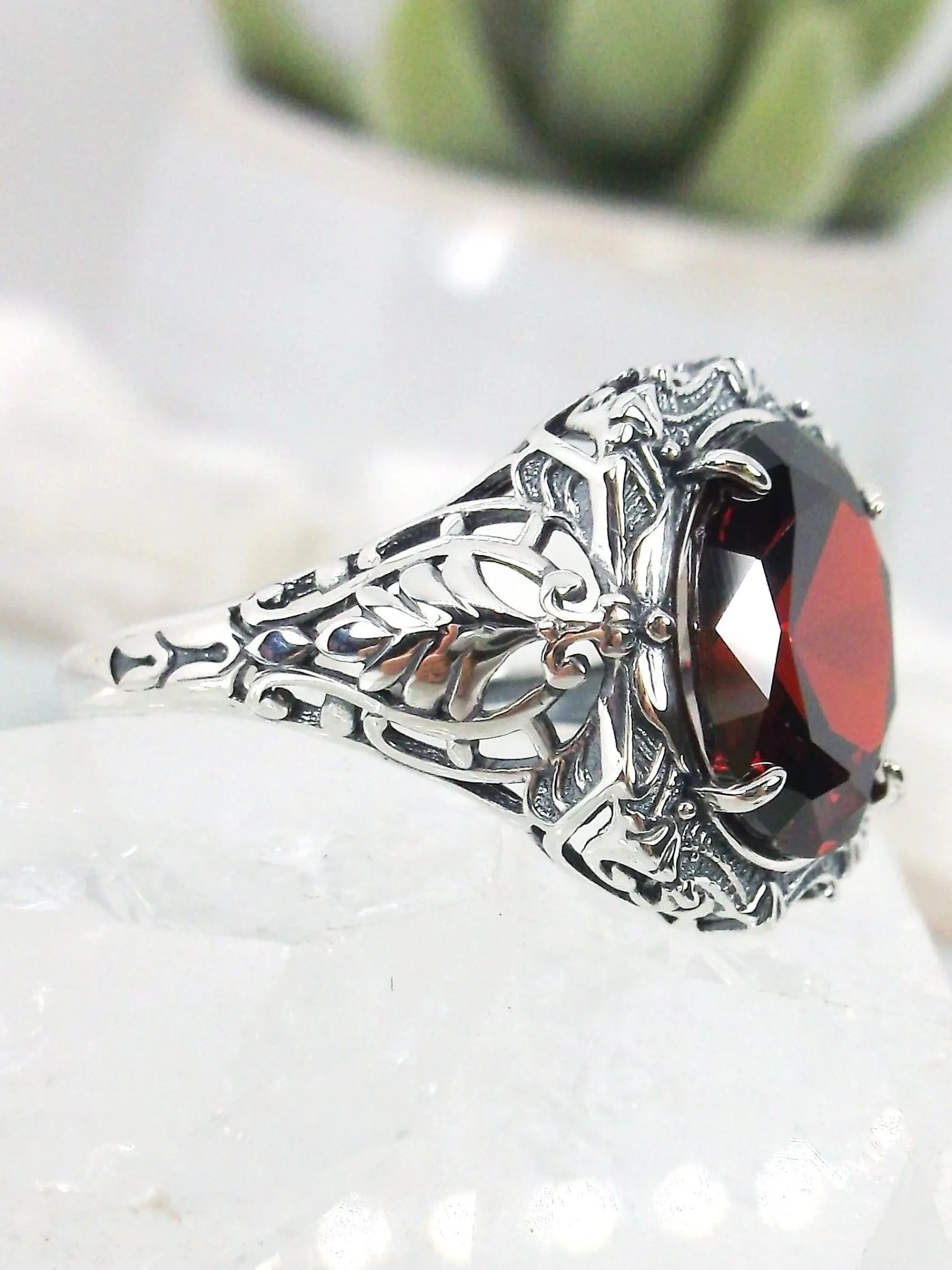 Red Garnet CZ Ring, Oval Art Nouveau Style, Vintage Sterling Silver Filigree Ring, Beauty Ring, D229