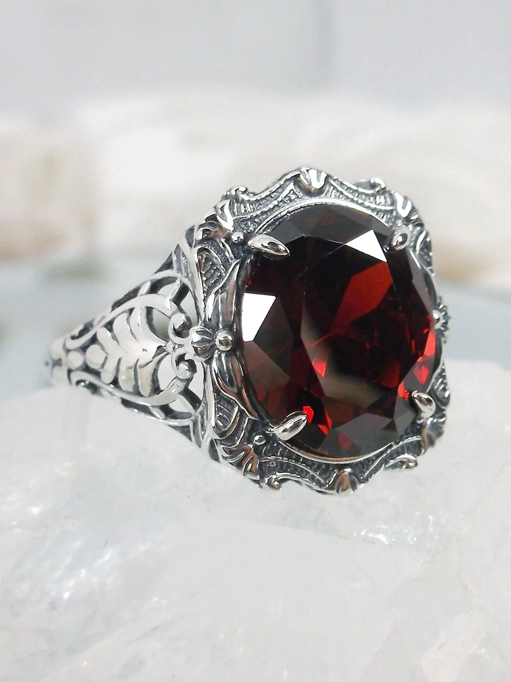 Red Garnet CZ Ring, Oval Art Nouveau Style, Vintage Sterling Silver Filigree Ring, Beauty Ring, D229