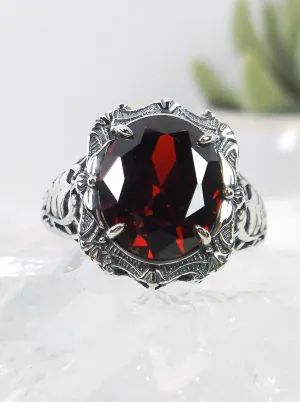 Red Garnet CZ Ring, Oval Art Nouveau Style, Vintage Sterling Silver Filigree Ring, Beauty Ring, D229
