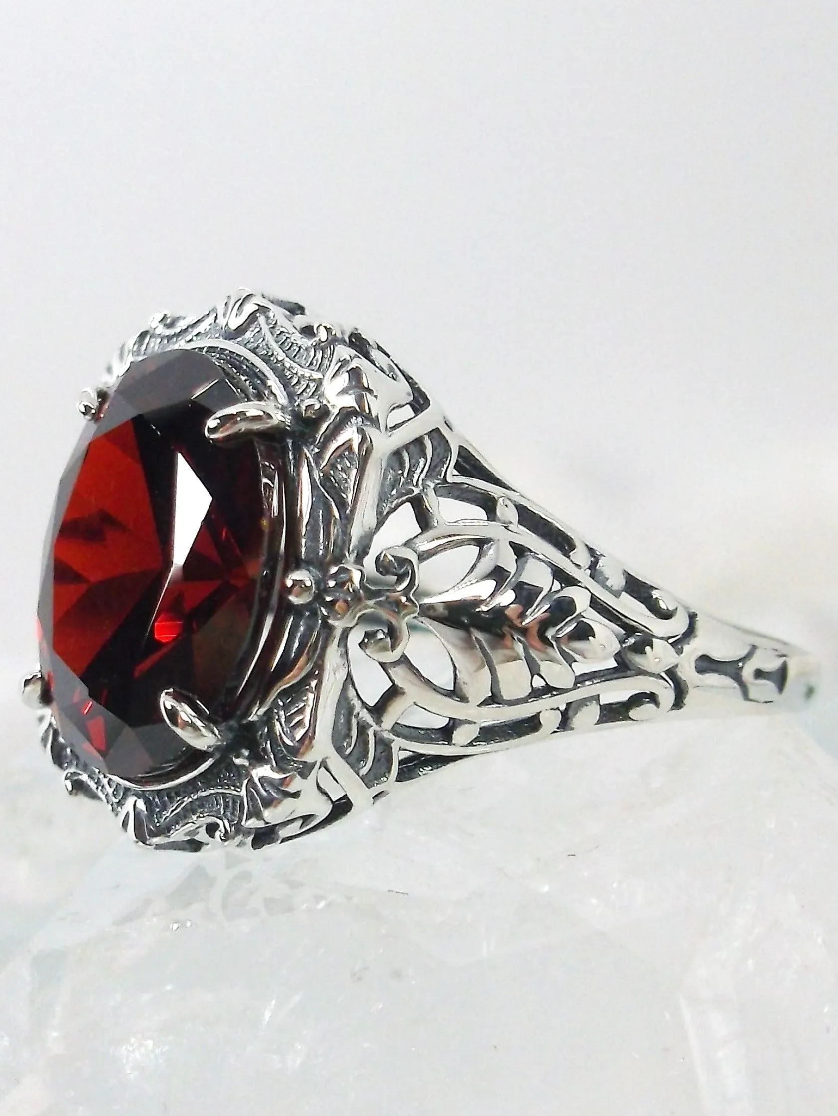 Red Garnet CZ Ring, Oval Art Nouveau Style, Vintage Sterling Silver Filigree Ring, Beauty Ring, D229