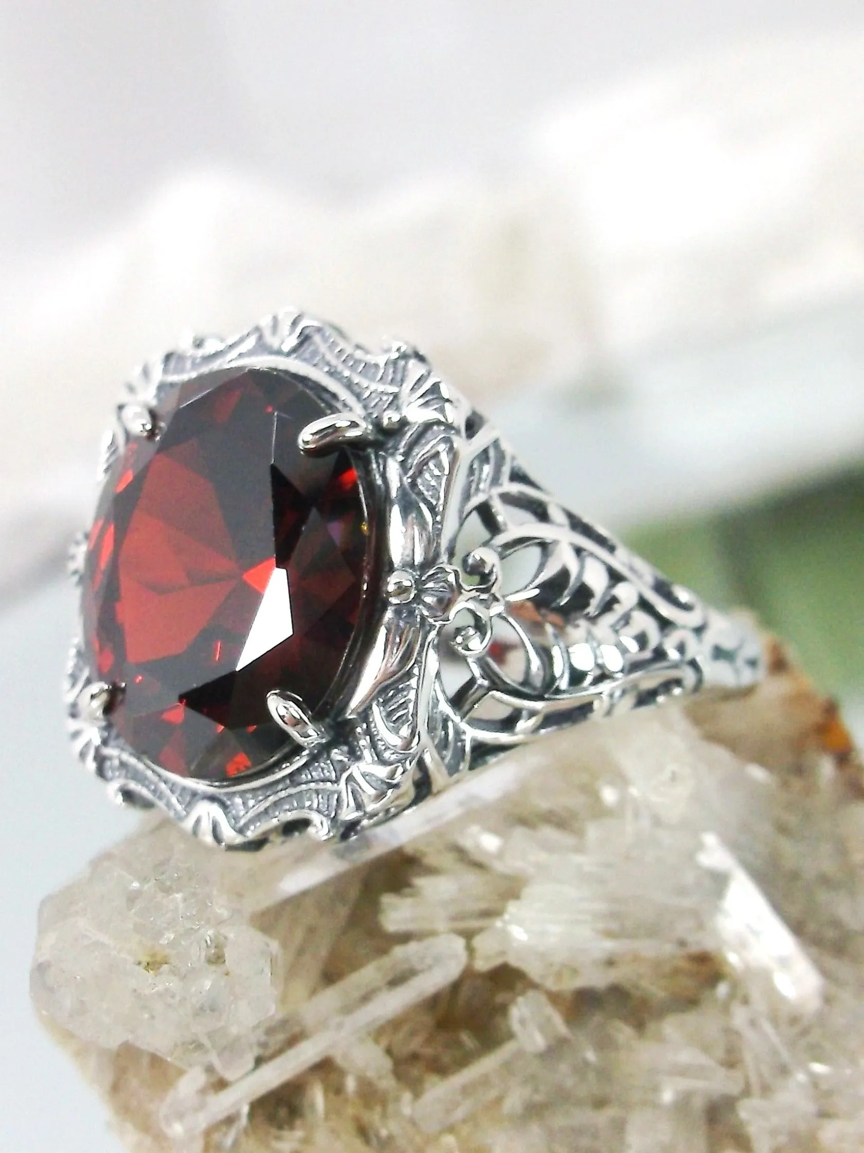Red Garnet CZ Ring, Oval Art Nouveau Style, Vintage Sterling Silver Filigree Ring, Beauty Ring, D229