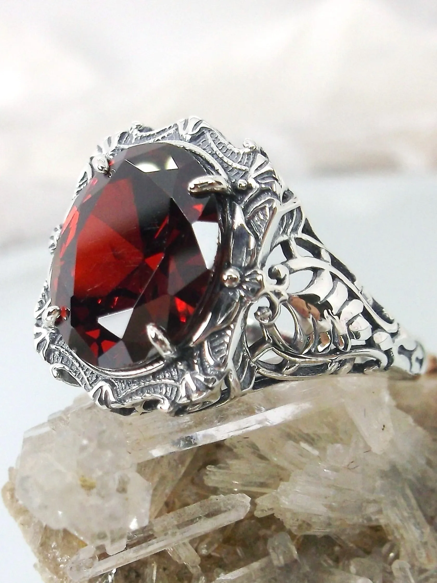 Red Garnet CZ Ring, Oval Art Nouveau Style, Vintage Sterling Silver Filigree Ring, Beauty Ring, D229