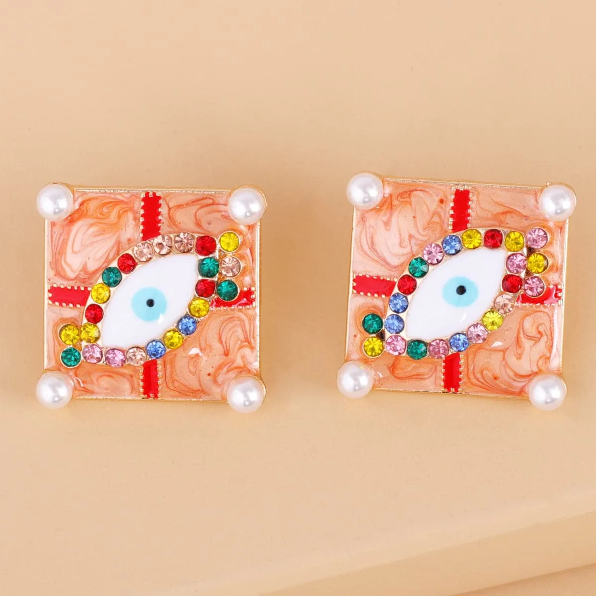 Red Multicolor Cubic Zirconia & Pearl Eye Stud Earrings