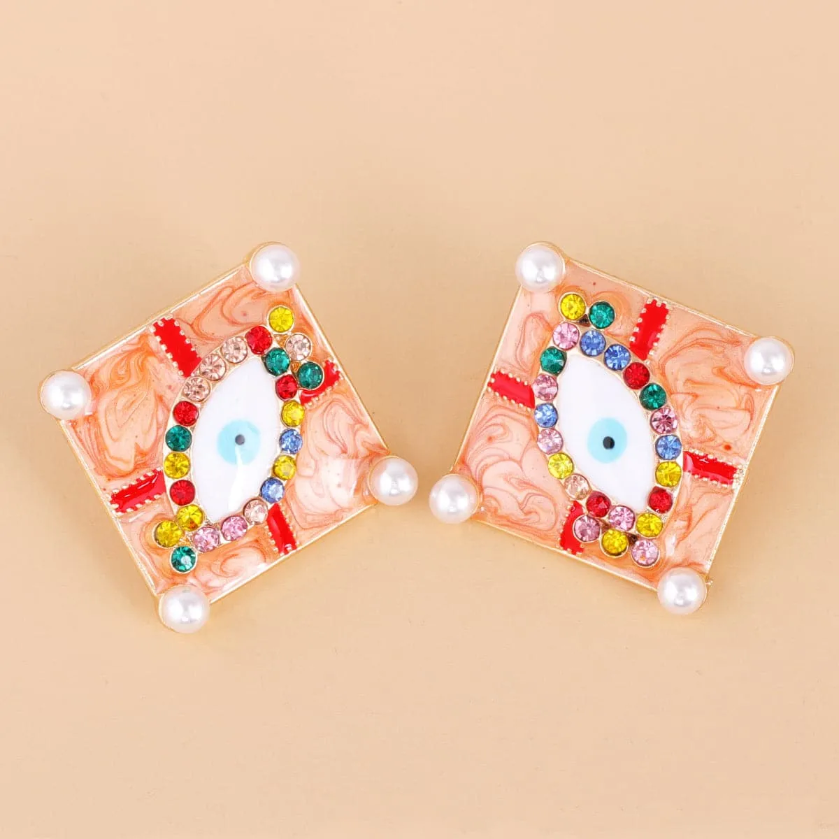 Red Multicolor Cubic Zirconia & Pearl Eye Stud Earrings