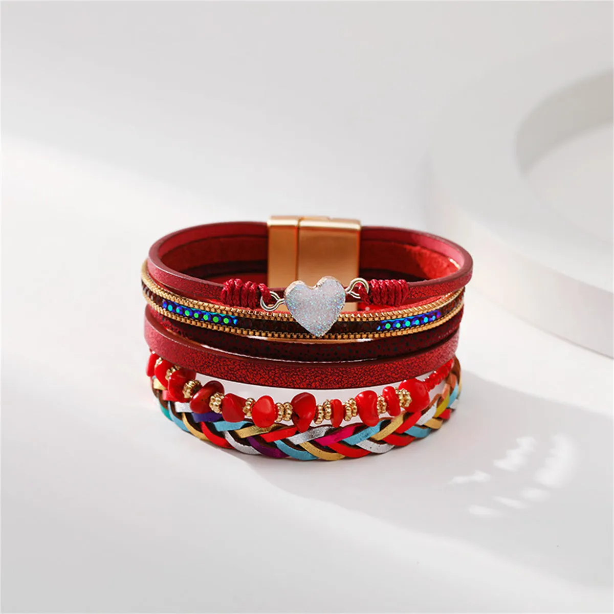 Red Polystyrene & Cubic Zirconia Heart Layered Bracelet