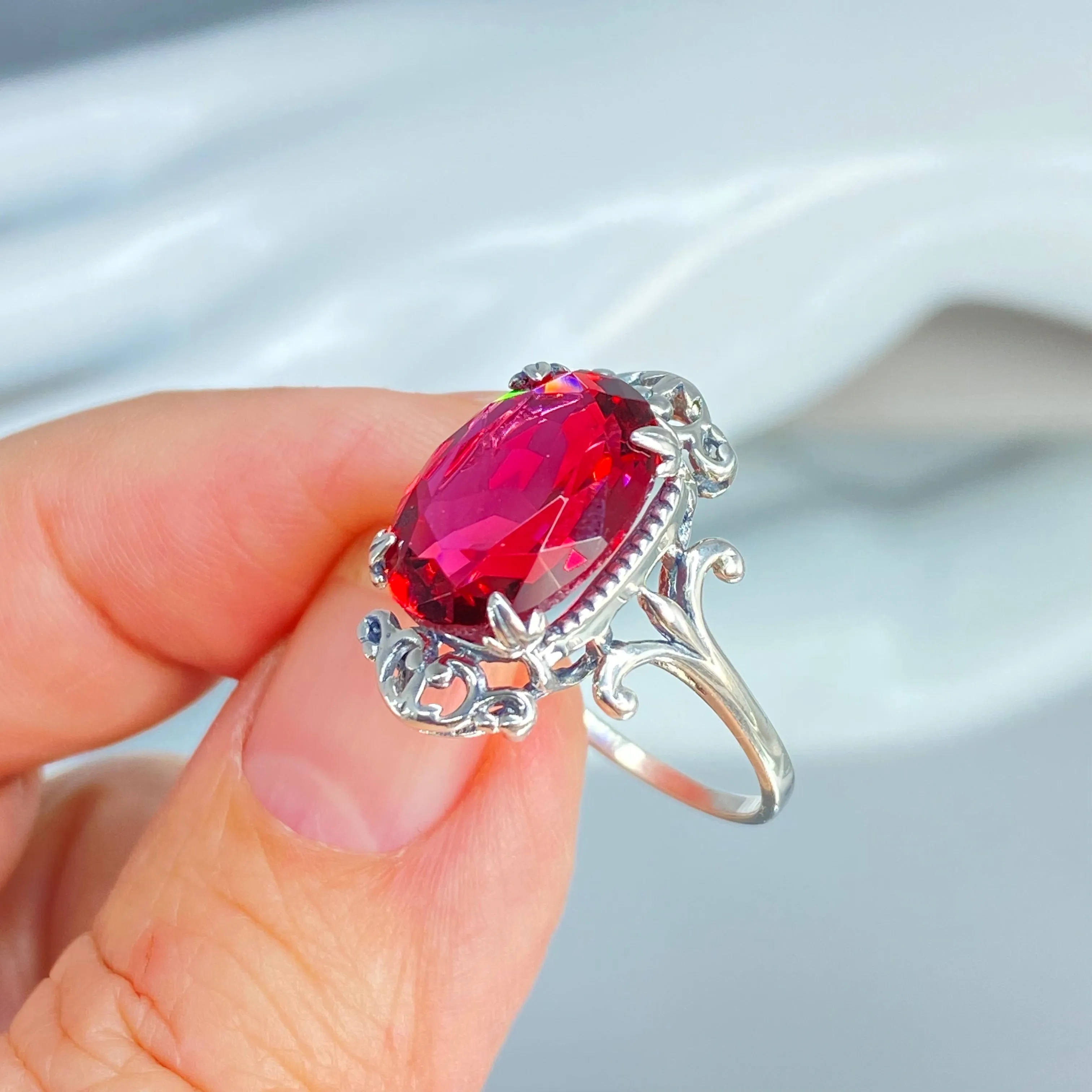 Red Ruby Ring, Oval Gem, Gothic Vintage Style Jewelry, #D84