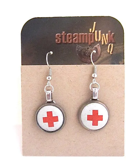 Rescued  XI- Steampunk Earrings - Made with Real Vintage Red Cross Pins from the 1920's