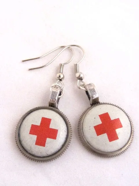Rescued  XI- Steampunk Earrings - Made with Real Vintage Red Cross Pins from the 1920's