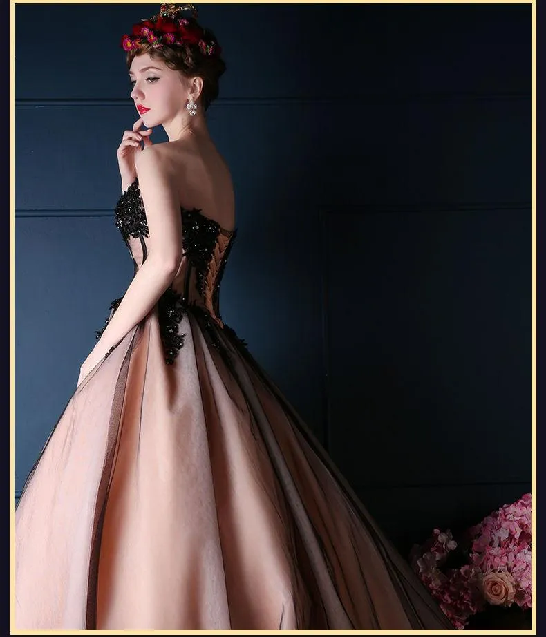 Romantic Black, & Vintage Pink Wedding Dress with Black Tulle and Beading