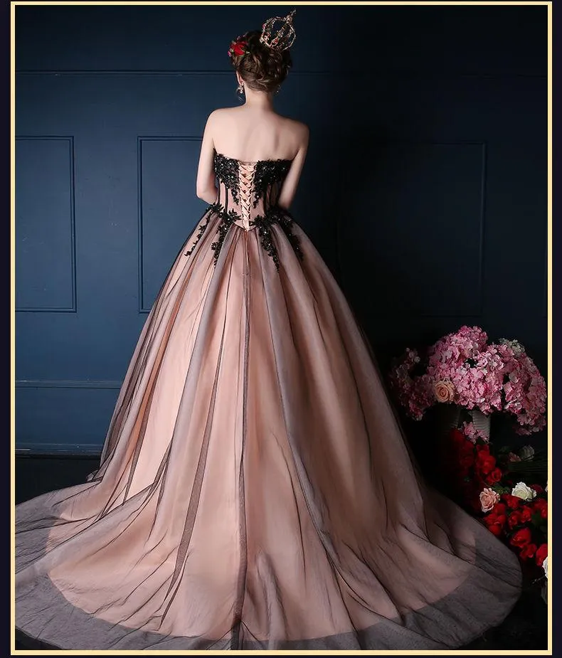 Romantic Black, & Vintage Pink Wedding Dress with Black Tulle and Beading