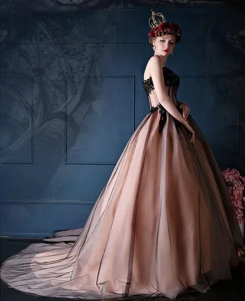Romantic Black, & Vintage Pink Wedding Dress with Black Tulle and Beading
