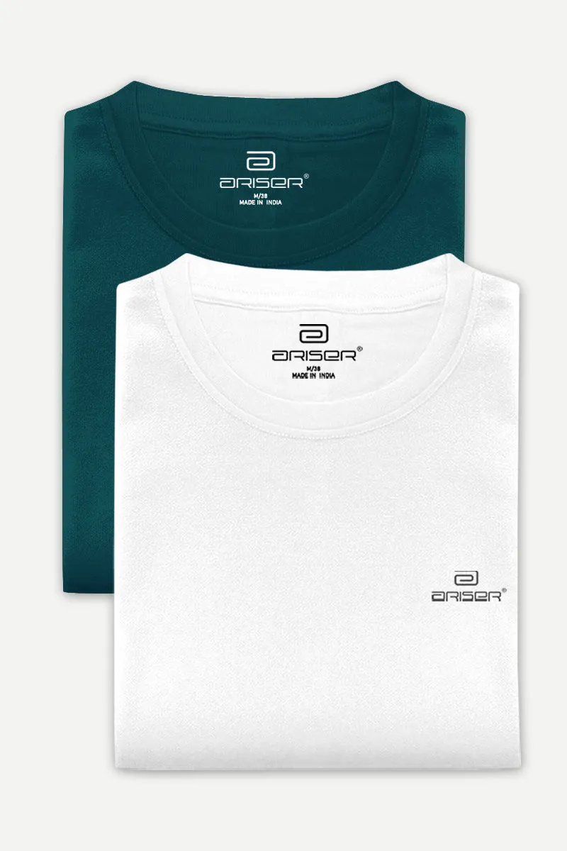 Round Neck - Dark Green and White Solid T-Shirt Pack Of 2 Combo For Men | Ariser