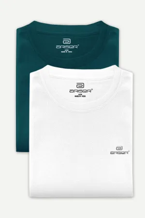 Round Neck - Dark Green and White Solid T-Shirt Pack Of 2 Combo For Men | Ariser