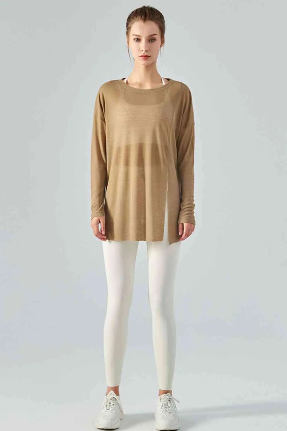 Round Neck Slit Sheer Tunic Sports Top
