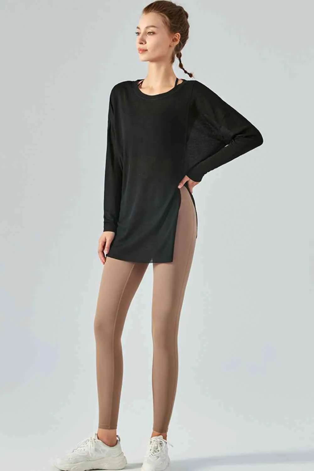 Round Neck Slit Sheer Tunic Sports Top