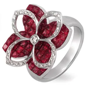 Ruby & Diamond accented in Flower Design Ring, 18k White Gold