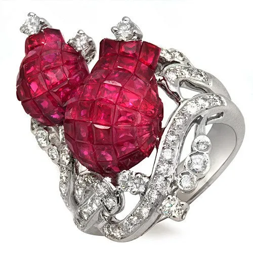 Ruby & Diamond Tulip Design Ring, 18k White Gold