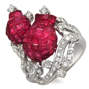 Ruby & Diamond Tulip Design Ring, 18k White Gold