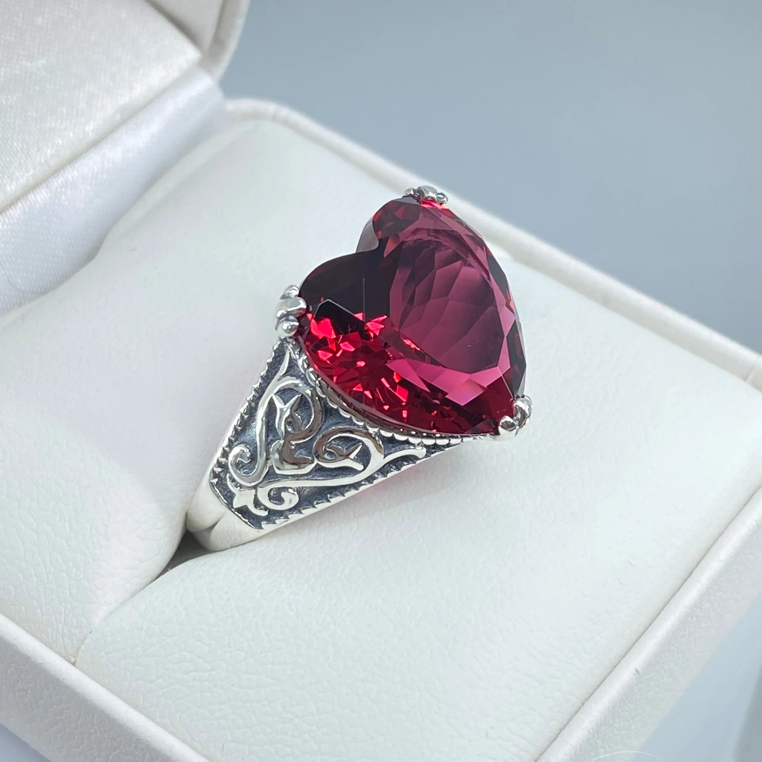 Ruby Ring, Size 9, Heart Gem, Gothic Filigree Jewelry #D132 - Ready to Ship