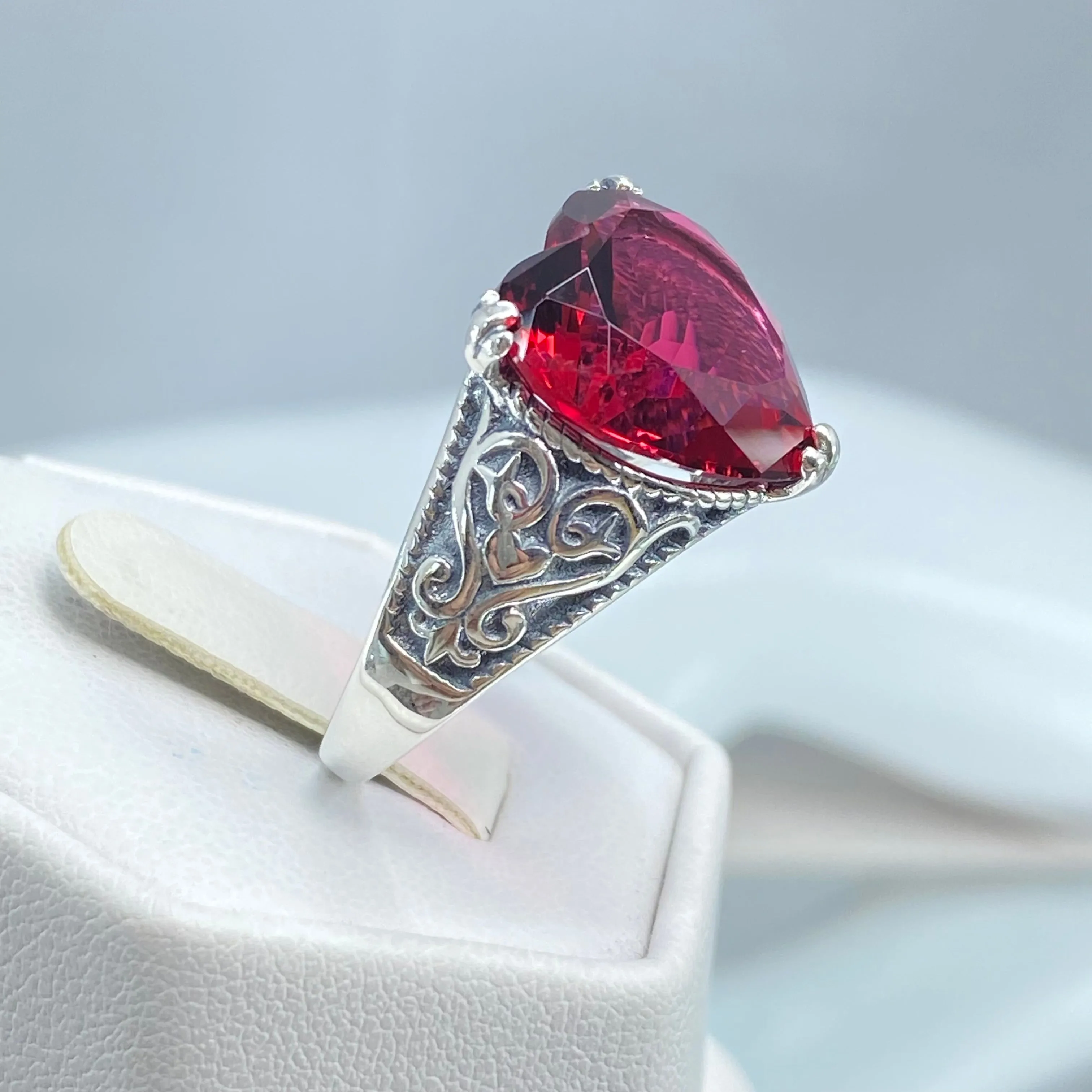 Ruby Ring, Size 9, Heart Gem, Gothic Filigree Jewelry #D132 - Ready to Ship