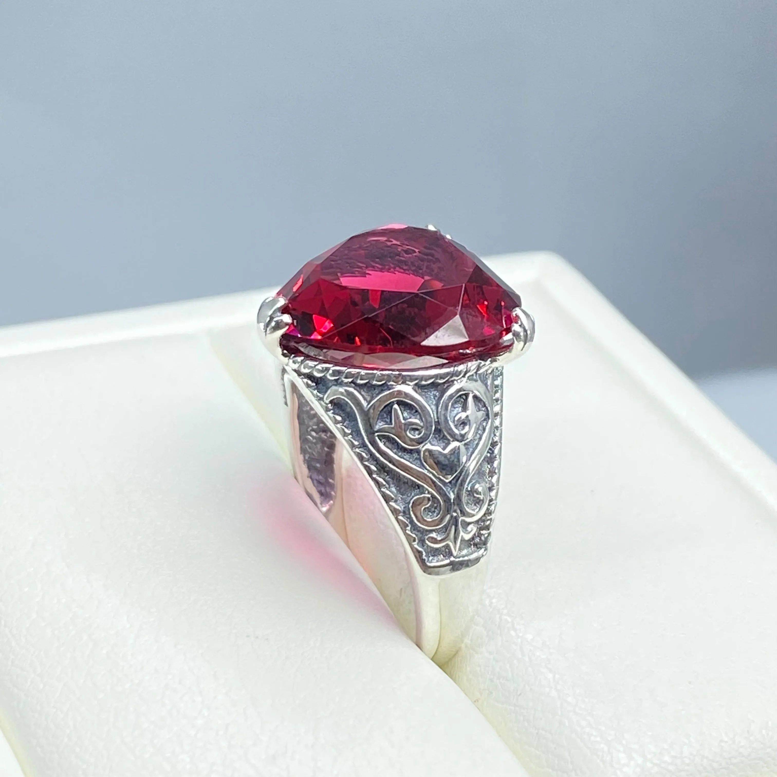 Ruby Ring, Size 9, Heart Gem, Gothic Filigree Jewelry #D132 - Ready to Ship