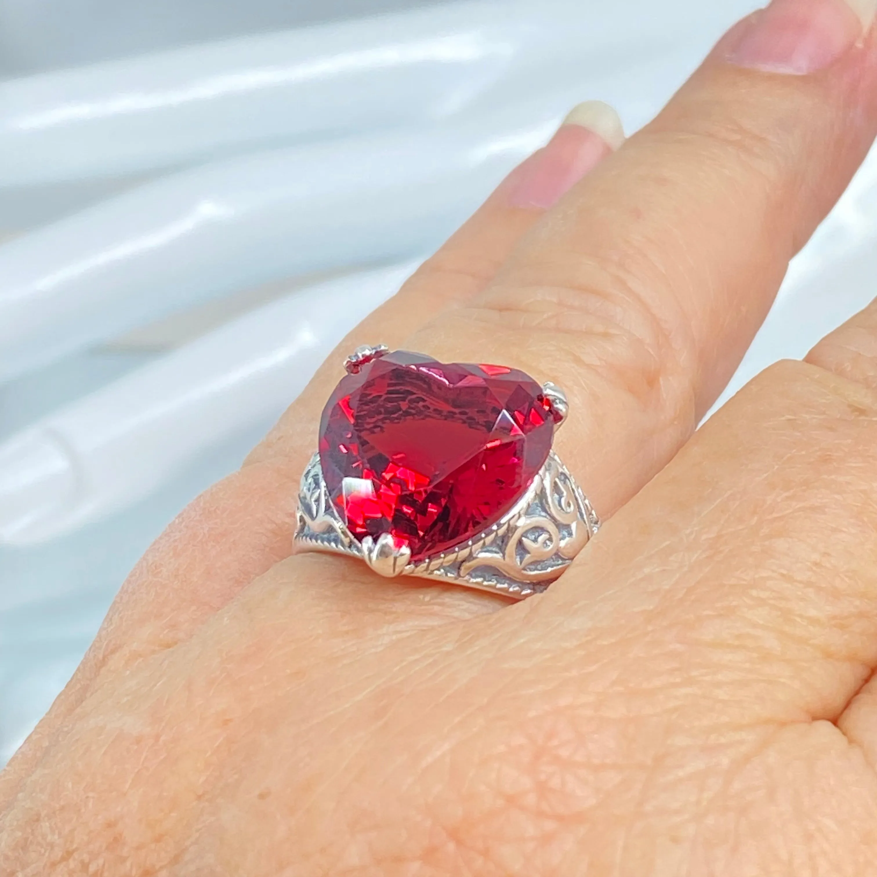 Ruby Ring, Size 9, Heart Gem, Gothic Filigree Jewelry #D132 - Ready to Ship