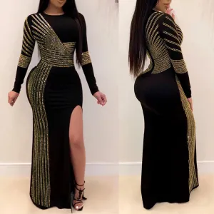 Sequins Long Sleeve High Slit Party Dress