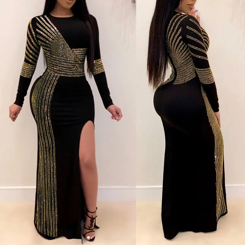 Sequins Long Sleeve High Slit Party Dress
