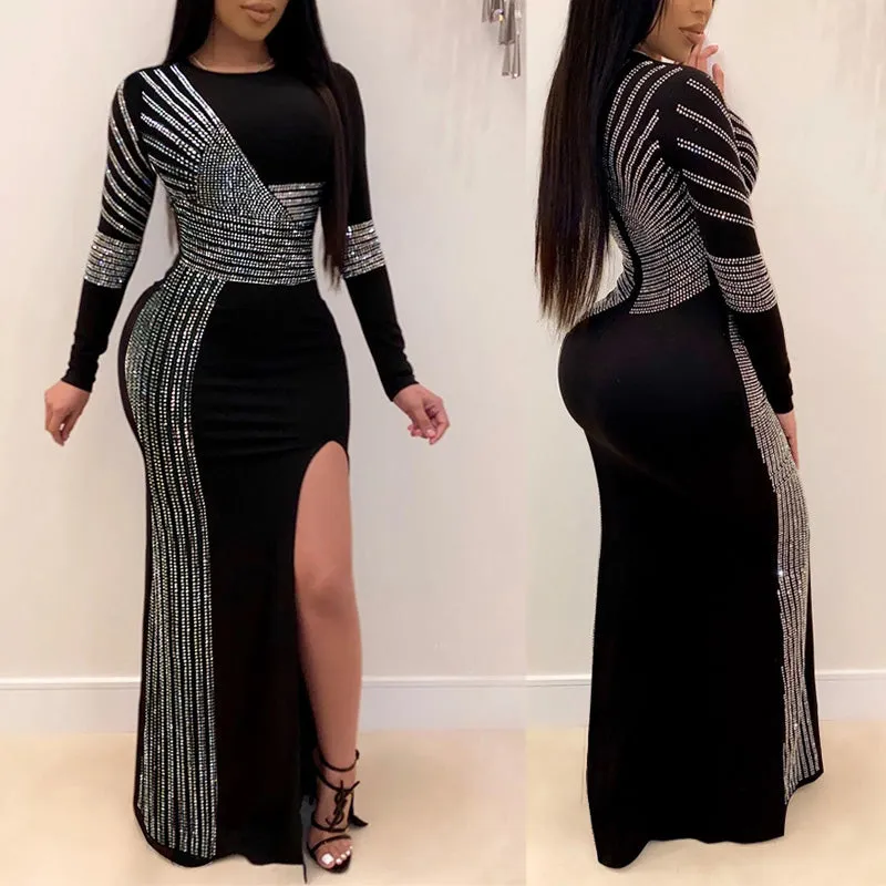 Sequins Long Sleeve High Slit Party Dress