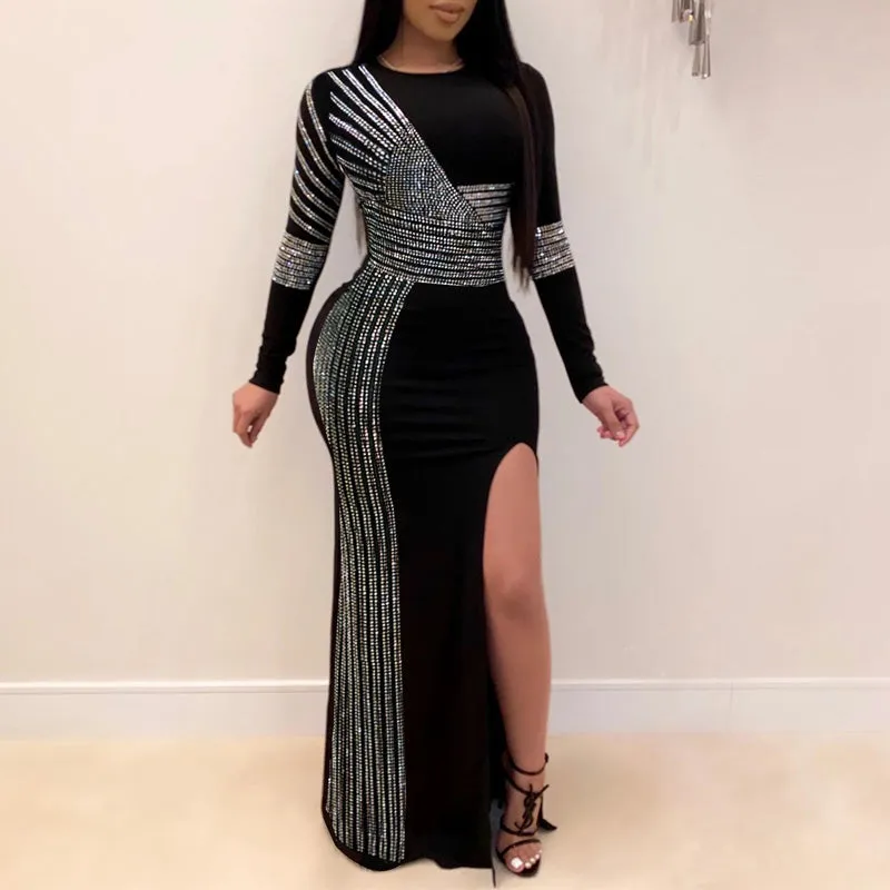 Sequins Long Sleeve High Slit Party Dress