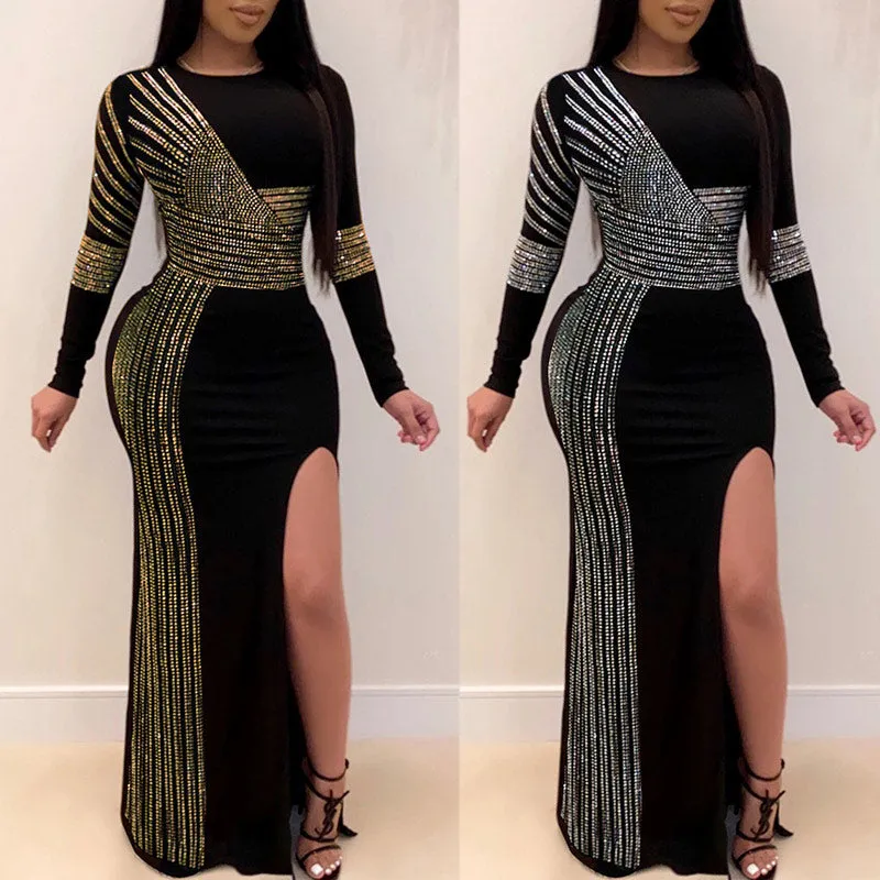 Sequins Long Sleeve High Slit Party Dress