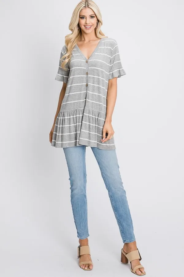 Short-Sleeved Ruffle Tunic in Light Heather Grey Stripe